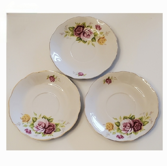 (3) Pink & Yellow Roses Porcelain Teacups & Saucers with Gold Trim - Picture 10 of 11